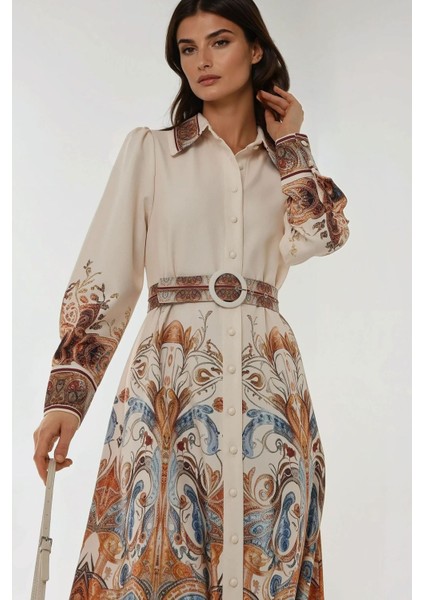 Kadın Baskılı Uzun Kol Kemerli Modest Elbise White