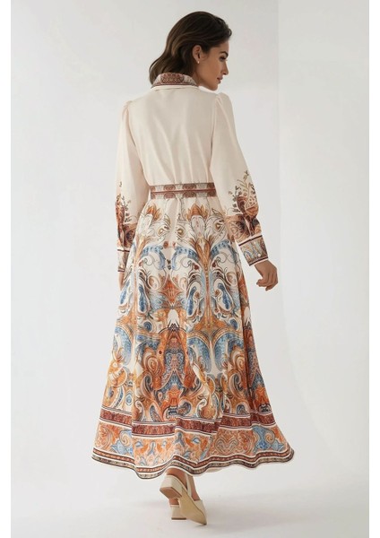 Kadın Baskılı Uzun Kol Kemerli Modest Elbise White
