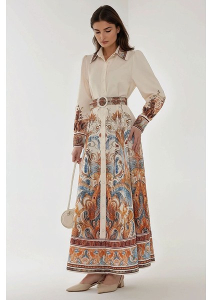 Kadın Baskılı Uzun Kol Kemerli Modest Elbise White