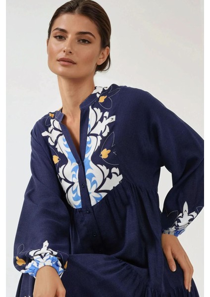 Kadın Baskılı Uzun Kol Viskon Modest Elbise Lacivert fiyatları