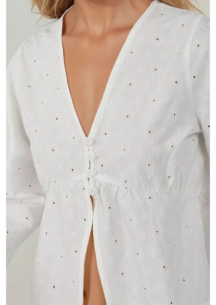 Kadın Dokulu Brode Önü Bağlamalı Yaka Kısa Bluz White modelleri