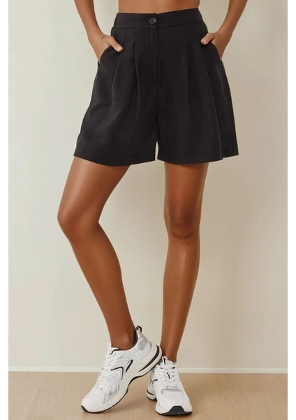 Kadın Pileliı Yüksek Bel Rahat Kesim Lyocell Şort Black