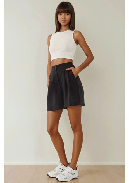 Kadın Pileliı Yüksek Bel Rahat Kesim Lyocell Şort Black fiyatları