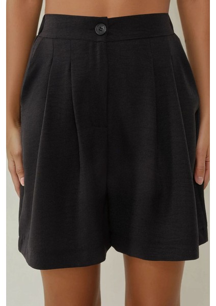 Kadın Pileliı Yüksek Bel Rahat Kesim Lyocell Şort Black modelleri