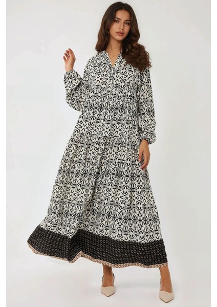 Kadın Gömlek Yaka Desenli Modest Elbise Siyah