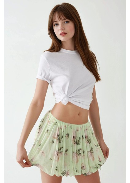 Kadın Çiçek Desenli Mini Balon Etek Green