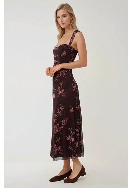Kadın Kalp Yaka Desenli Maxi Elbise Brown fırsatları