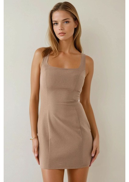 Kadın Dokulu Kare Yaka Bodycon Mini Elbise Bej Doğal
