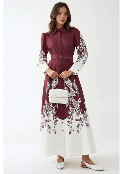 Kadın Baskılı Uzun Kol Kemerli Modest Elbise Bordo Kırmızı