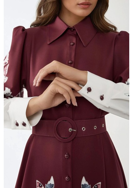 Kadın Baskılı Uzun Kol Kemerli Modest Elbise Bordo Kırmızı fiyatları