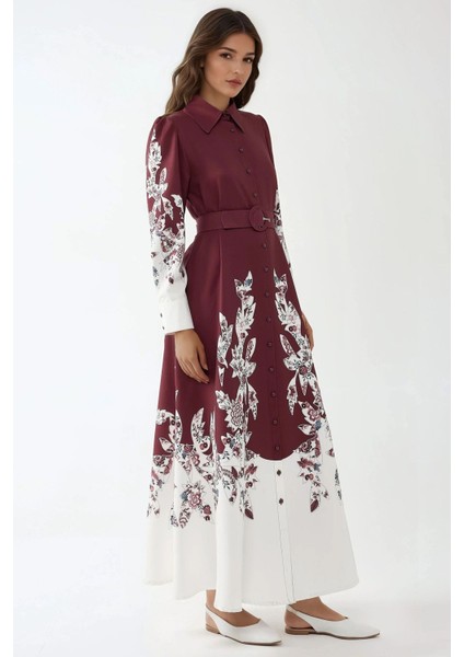Kadın Baskılı Uzun Kol Kemerli Modest Elbise Bordo Kırmızı modelleri