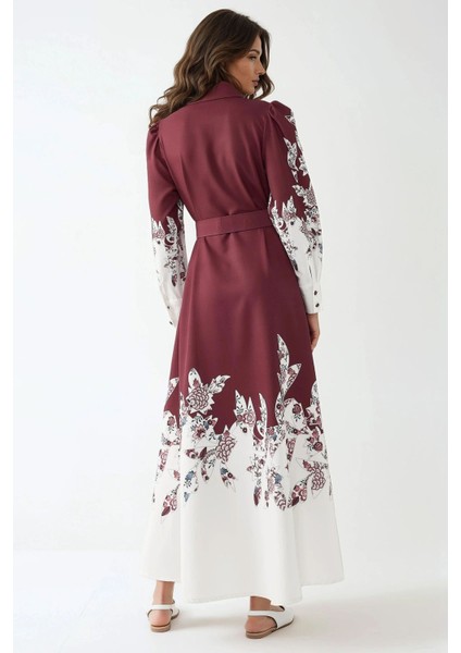 Kadın Baskılı Uzun Kol Kemerli Modest Elbise Bordo Kırmızı indirimleri