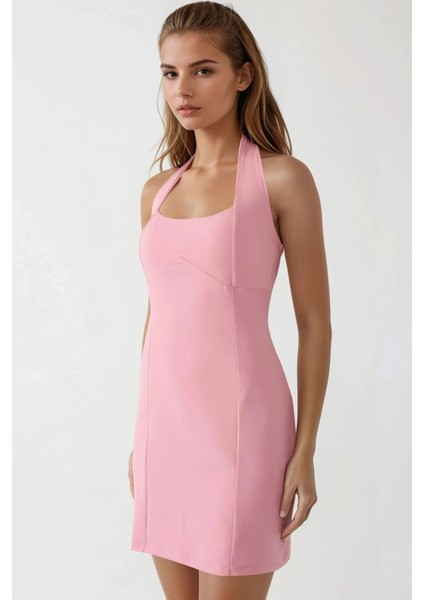 Kadın Kare Yaka Fitted Dokuma Mini Elbise Pink fiyatları
