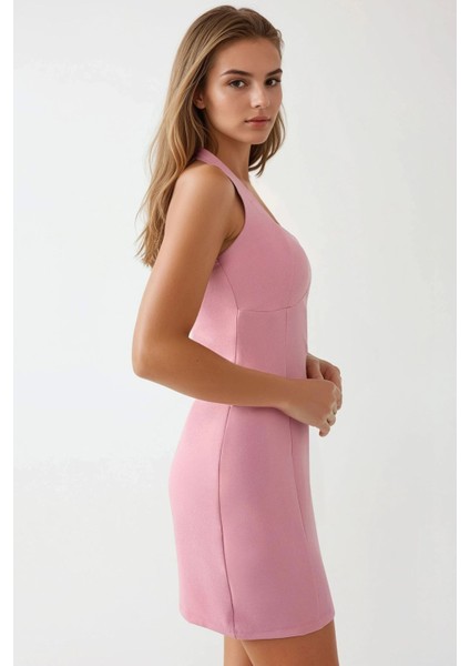 Kadın Kare Yaka Fitted Dokuma Mini Elbise Pink fırsatları