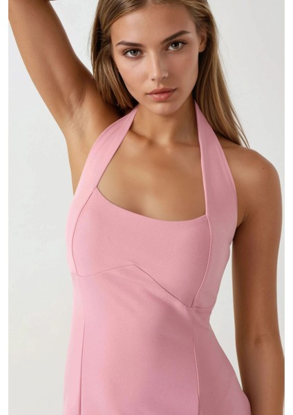 Kadın Kare Yaka Fitted Dokuma Mini Elbise Pink