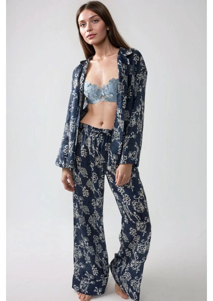 Kadın Baskılı Saten Pijama Takımı Lacivert