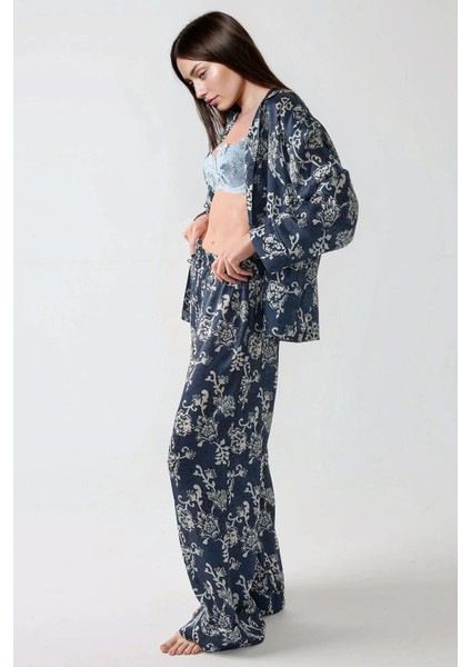 Kadın Baskılı Saten Pijama Takımı Lacivert indirimleri