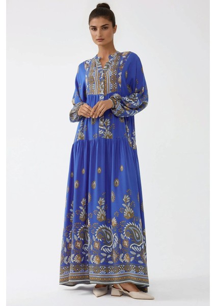 Kadın Baskılı Uzun Kol Viskon Modest Elbise Fas Mavisi