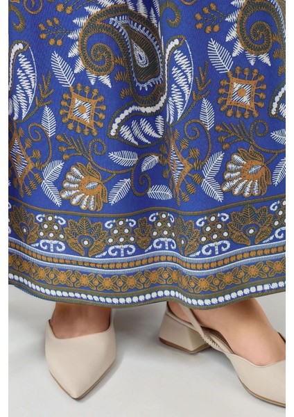 Kadın Baskılı Uzun Kol Viskon Modest Elbise Fas Mavisi fiyatları