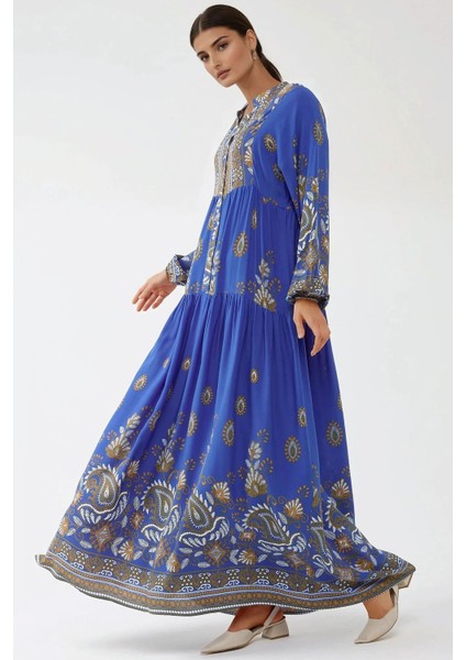 Kadın Baskılı Uzun Kol Viskon Modest Elbise Fas Mavisi modelleri