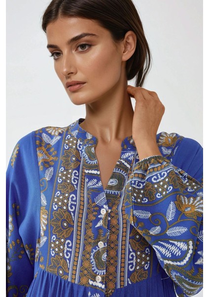 Kadın Baskılı Uzun Kol Viskon Modest Elbise Fas Mavisi fırsatları