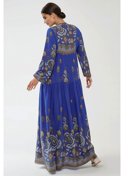 Kadın Baskılı Uzun Kol Viskon Modest Elbise Fas Mavisi indirimleri