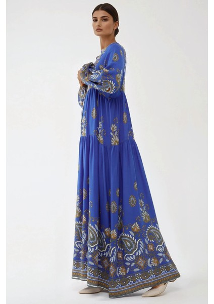 Kadın Baskılı Uzun Kol Viskon Modest Elbise Fas Mavisi