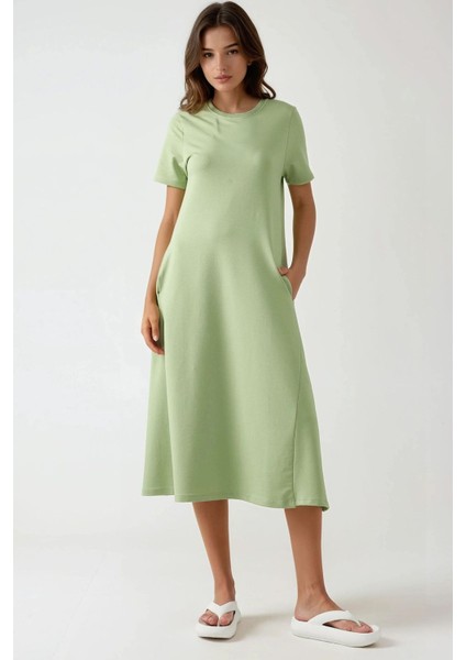 Kadın Yuvarlak Yaka Kısa Kollu Basic Midi Elbise Busem Collection Adaçayı Yeşili modelleri