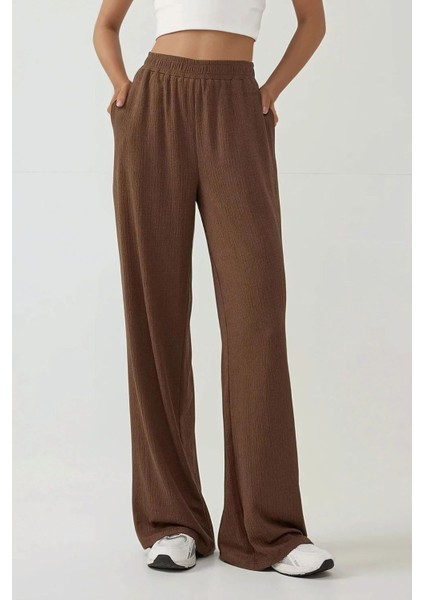 Kadın Wide Leg Dokulu Örme Pantolon Brown