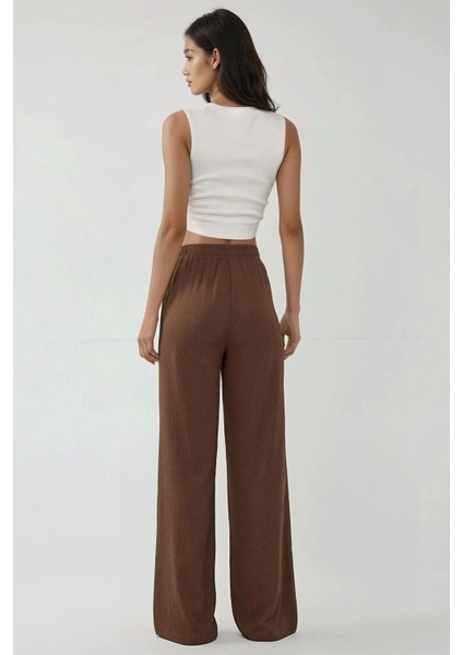 Kadın Wide Leg Dokulu Örme Pantolon Brown indirimleri
