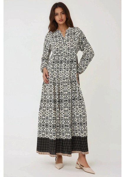 Kadın Gömlek Yaka Desenli Modest Elbise Siyah modelleri