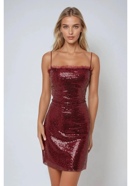 Kadın Kare Yaka Payetli Mini Bodycon Elbise Bordo Kırmızı