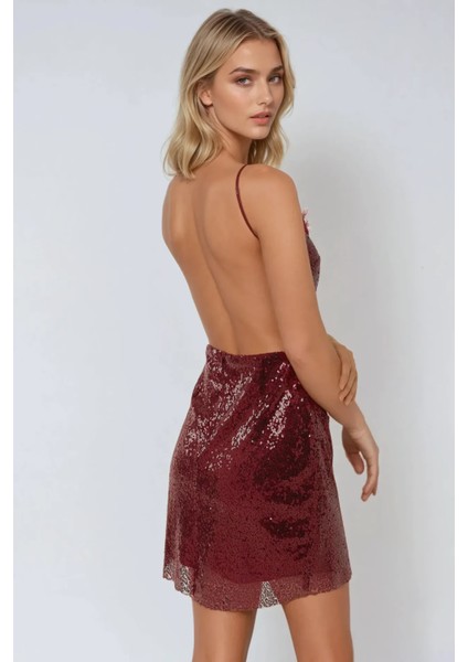 Kadın Kare Yaka Payetli Mini Bodycon Elbise Bordo Kırmızı fiyatları