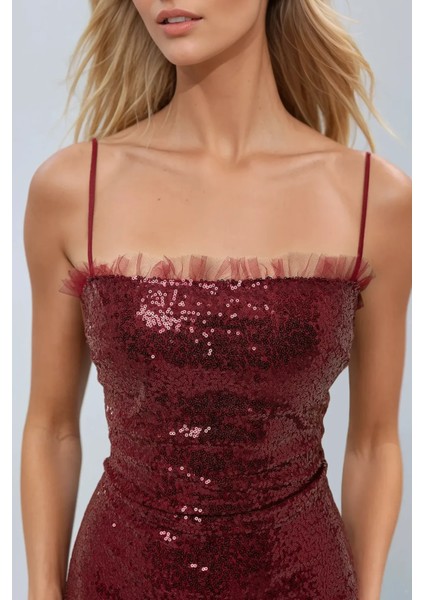 Kadın Kare Yaka Payetli Mini Bodycon Elbise Bordo Kırmızı modelleri