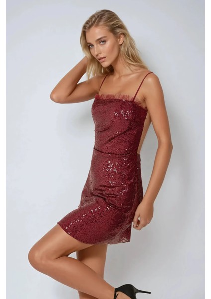 Kadın Kare Yaka Payetli Mini Bodycon Elbise Bordo Kırmızı fırsatları