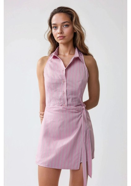 Kadın Gömlek Yaka Uzun Kısa Çizgili Elbise Pembe fiyatları