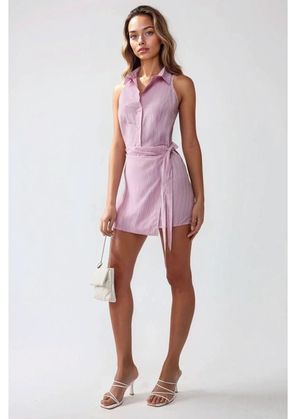 Kadın Gömlek Yaka Uzun Kısa Çizgili Elbise Pembe modelleri
