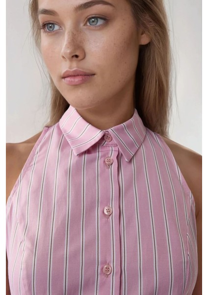 Kadın Gömlek Yaka Uzun Kısa Çizgili Elbise Pembe indirimleri