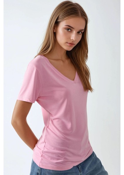 Kadın Soft Touch V Yaka Kısa Kollu Modal Karışımlı Tişört Busem Collection Karanfil Pembesi