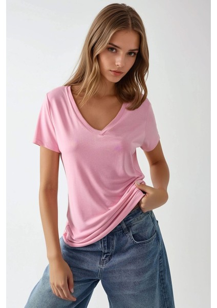 Kadın Soft Touch V Yaka Kısa Kollu Modal Karışımlı Tişört Busem Collection Karanfil Pembesi fiyatları