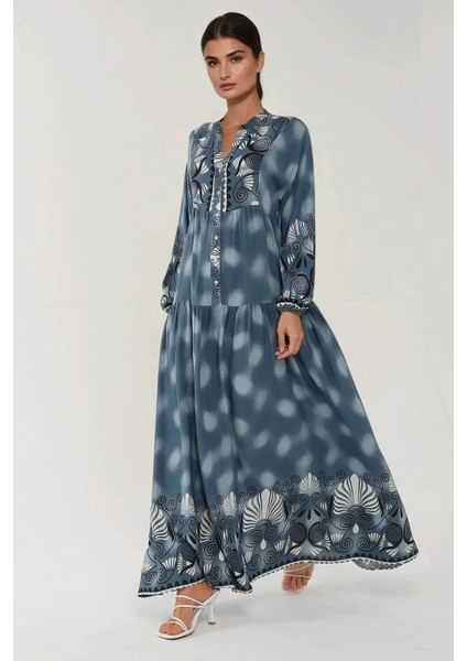 Kadın Baskılı Uzun Kol Viskon Modest Elbise Gri