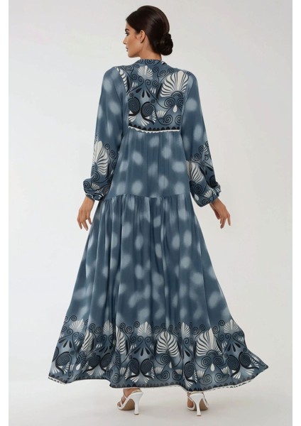 Kadın Baskılı Uzun Kol Viskon Modest Elbise Gri fiyatları