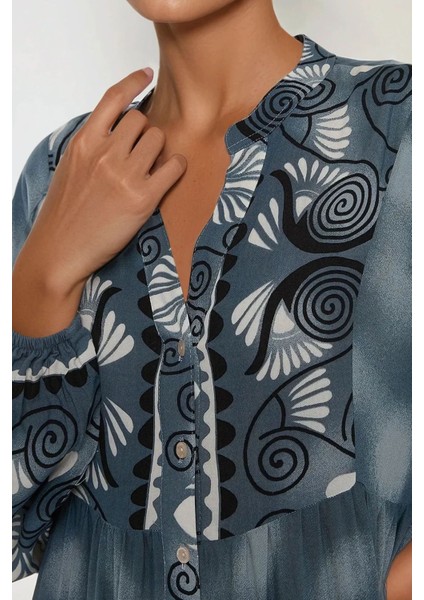 Kadın Baskılı Uzun Kol Viskon Modest Elbise Gri modelleri