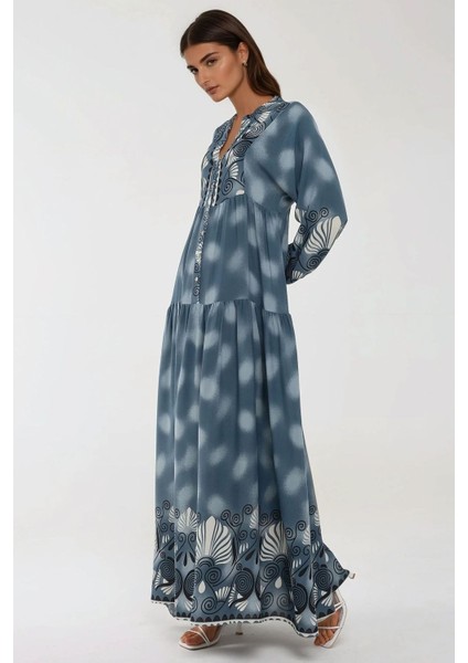 Kadın Baskılı Uzun Kol Viskon Modest Elbise Gri fırsatları