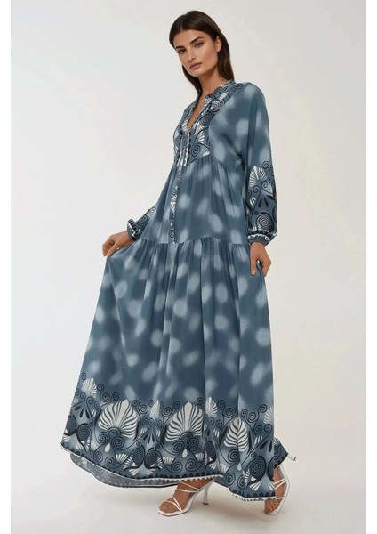 Kadın Baskılı Uzun Kol Viskon Modest Elbise Gri indirimleri