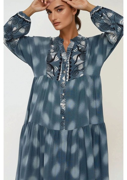 Kadın Baskılı Uzun Kol Viskon Modest Elbise Gri