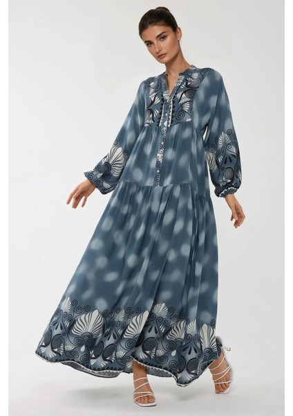 Kadın Baskılı Uzun Kol Viskon Modest Elbise Gri