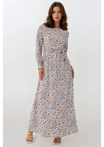 Kadın Çiçek Desenli Dokulu Kuşaklı Bisiklet Yaka Modest Elbise Bebek Mavisi