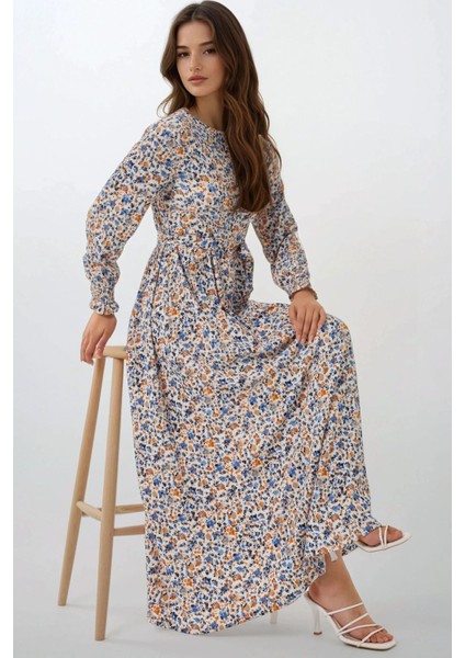 Kadın Çiçek Desenli Dokulu Kuşaklı Bisiklet Yaka Modest Elbise Bebek Mavisi fiyatları