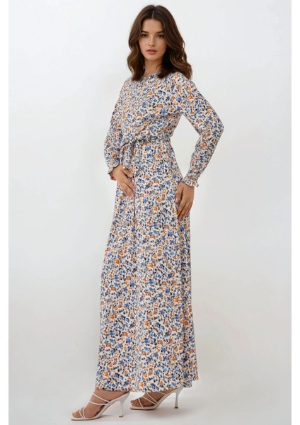 Kadın Çiçek Desenli Dokulu Kuşaklı Bisiklet Yaka Modest Elbise Bebek Mavisi modelleri